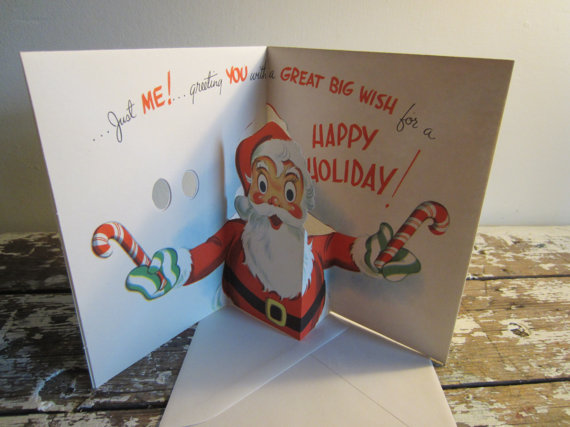 Moveable Christmas Card Owl Card Pop Up Card Santa Holiday Greetings 1940s